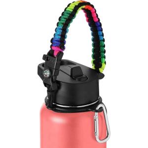 imageIRON FLASK Paracord Handle  Fits Wide Mouth Water Bottles  Durable Carrier Secure Accessories Survival Strap Cord Safety Ring and Carabiner  Seven Core Paracord BraceletRainbow