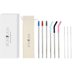 imageIRON FLASK Reusable Straws  6 Stainless Steel or Plastic Straw wBendy Silicone Tips 3 Cleaning Brushes ampamp Travel Case  Drinking Straw for Water BottlesTumblers ampamp ThermosSilver