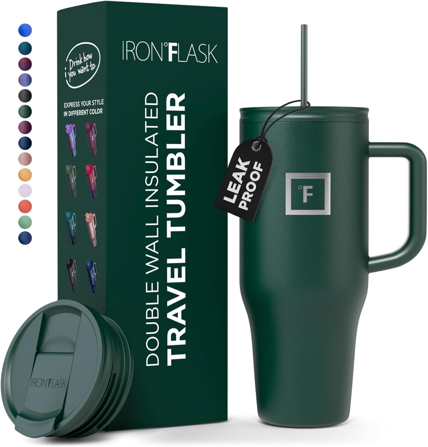 imageIRON FLASK CoPilot Insulated Mug wStraw ampamp Flip Cap Lids  Cup Holder Bottle for Hot Cold Drink  LeakProof  Water Coffee Portable Travel Mug  Dark Pine 40 OzPink Tulip