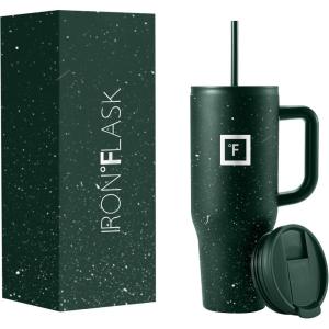 imageIRON FLASK CoPilot Insulated Mug wStraw ampamp Flip Cap Lids  Cup Holder Bottle for Hot Cold Drink  LeakProof  Water Coffee Portable Travel Mug  Dark Pine 40 OzDark Pine Speckle
