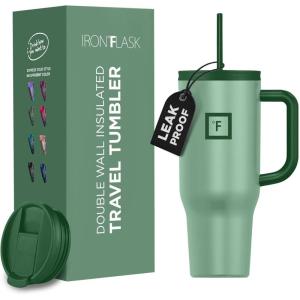 imageIRON FLASK CoPilot Insulated Mug wStraw ampamp Flip Cap Lids  Cup Holder Bottle for Hot Cold Drink  LeakProof  Water Coffee Portable Travel Mug  Dark Pine 40 OzSage Grove