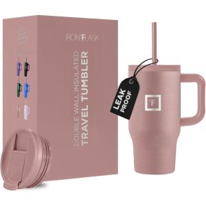 imageIRON FLASK CoPilot Insulated Mug wStraw ampamp Flip Cap Lids  Cup Holder Bottle for Hot Cold Drink  LeakProof  Water Coffee Portable Travel Mug  Dark Pine 40 OzRose Gold