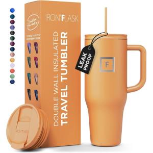 imageIRON FLASK CoPilot Insulated Mug wStraw ampamp Flip Cap Lids  Cup Holder Bottle for Hot Cold Drink  LeakProof  Water Coffee Portable Travel Mug  Dark Pine 40 OzClementine