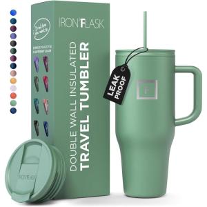 imageIRON FLASK CoPilot Insulated Mug wStraw ampamp Flip Cap Lids  Cup Holder Bottle for Hot Cold Drink  LeakProof  Water Coffee Portable Travel Mug  Dark Pine 40 OzSage