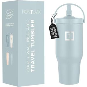 imageIRON FLASK Sidekick Insulated Water Tumbler wStraw ampamp Foldable Handle  Stainless Steel LeakProof Bottle NonSlip Base ampamp Fits Cup Holders for Hot Cold Drinks  Travel Mug  30 Oz Arctic BlueMorning Mist