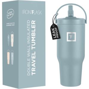 imageIRON FLASK Sidekick Insulated Water Tumbler wStraw ampamp Foldable Handle  Stainless Steel LeakProof Bottle NonSlip Base ampamp Fits Cup Holders for Hot Cold Drinks  Travel Mug  30 Oz Arctic BlueElemental Gray