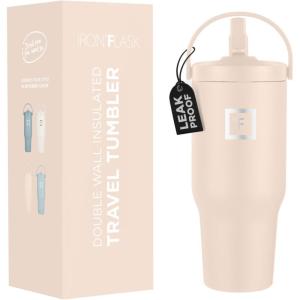imageIRON FLASK Sidekick Insulated Water Tumbler wStraw ampamp Foldable Handle  Stainless Steel LeakProof Bottle NonSlip Base ampamp Fits Cup Holders for Hot Cold Drinks  Travel Mug  30 Oz Arctic BlueSand