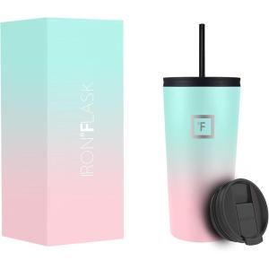 imageIRON FLASK Classic Tumbler 202 Lids Straw Flip Vacuum Insulated Stainless Steel Water Bottle Double Walled Drinking cup Thermos Travel Mug  Aura 32 OzBubble Gum