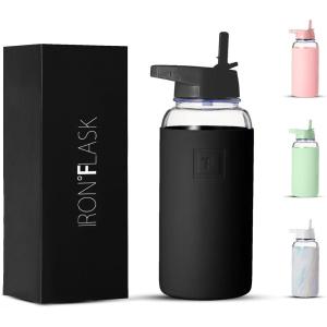 imageIRON FLASK Glass Sports Water Bottle  Straw Lid Airtight Leak Proof Vacuum Insulated Bosilicate Glass Silicone Sleeve Retains Temperature  Midnight Black 32 OzMidnight Black