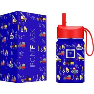 imageIRON FLASK Kids Water Bottle  Straw Lid 20 Name Stickers Vacuum Insulated Stainless Steel Double Walled Tumbler Travel Cup Thermos Mug  Rainbow Hearts 10 OzConstruction Zone