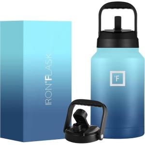 imageIRON FLASK Sports Water Bottle  Gallon Series  2 Lids Straw and Spout Leak Proof Vacuum Insulated Stainless Steel Double Walled Thermo Mug Metal Canteen Jug Growler  Blue Waves 128 OzBlue Waves