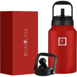 imageIRON FLASK Sports Water Bottle  Gallon Series  2 Lids Straw and Spout Leak Proof Vacuum Insulated Stainless Steel Double Walled Thermo Mug Metal Canteen Jug Growler  Blue Waves 128 OzFire Red