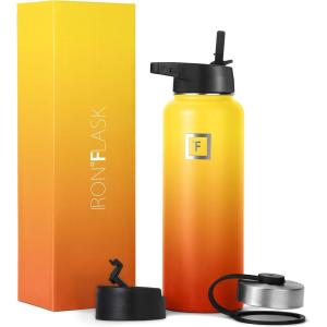 imageIRON FLASK Camping ampamp Hiking Hydration Flask with 3 Lids  Stainless Steel Double Walled ampamp Vacuum Insulated Water Bottle  Leak Proof ampamp BPA Free Dark Rainbow Straw  40 ozFire