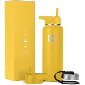 imageIRON FLASK Camping ampamp Hiking Hydration Flask with 3 Lids  Stainless Steel Double Walled ampamp Vacuum Insulated Water Bottle  Leak Proof ampamp BPA Free Dark Rainbow Straw  40 ozHoney Yellow