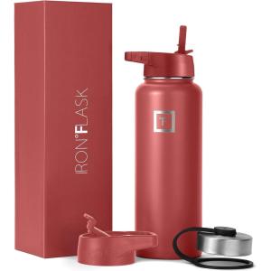imageIRON FLASK Camping ampamp Hiking Hydration Flask with 3 Lids  Stainless Steel Double Walled ampamp Vacuum Insulated Water Bottle  Leak Proof ampamp BPA Free Dark Rainbow Straw  40 ozRusty Red
