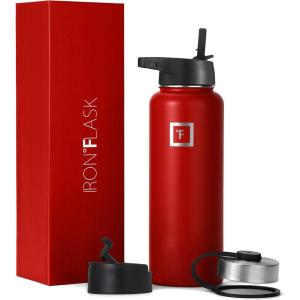 imageIRON FLASK Camping ampamp Hiking Hydration Flask with 3 Lids  Stainless Steel Double Walled ampamp Vacuum Insulated Water Bottle  Leak Proof ampamp BPA Free Dark Rainbow Straw  40 ozFire Red