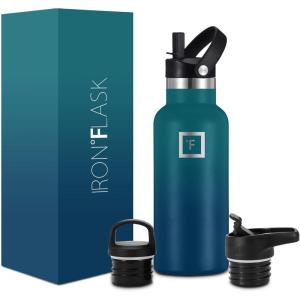imageIRON FLASK Camping ampamp Hiking Hydration Canteens  3 Lids Narrow Straw Lid Leak Proof Vacuum Insulated Stainless Steel  Hot ampamp Cold Double Walled Sports Water Bottle  Graphite 16 OzDark Night