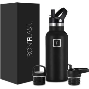 imageIRON FLASK Camping ampamp Hiking Hydration Canteens  3 Lids Narrow Straw Lid Leak Proof Vacuum Insulated Stainless Steel  Hot ampamp Cold Double Walled Sports Water Bottle  Graphite 16 OzMidnight Black