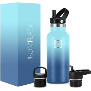 imageIRON FLASK Camping ampamp Hiking Hydration Canteens  3 Lids Narrow Straw Lid Leak Proof Vacuum Insulated Stainless Steel  Hot ampamp Cold Double Walled Sports Water Bottle  Graphite 16 OzBlue Waves