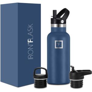 imageIRON FLASK Camping ampamp Hiking Hydration Canteens  3 Lids Narrow Straw Lid Leak Proof Vacuum Insulated Stainless Steel  Hot ampamp Cold Double Walled Sports Water Bottle  Graphite 16 OzTwilight Blue