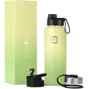 imageIRON FLASK Camping ampamp Hiking Hydration Flask with 3 Lids  Stainless Steel Double Walled ampamp Vacuum Insulated Water Bottle  Leak Proof ampamp BPA Free Lime Spout  40 ozLime