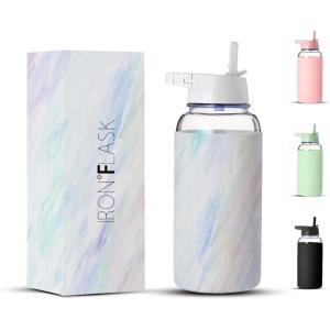 imageIRON FLASK Glass Sports Water Bottle  Straw Lid Airtight Leak Proof Vacuum Insulated Bosilicate Glass Silicone Sleeve Retains Temperature  Pearl 32 OzPearl